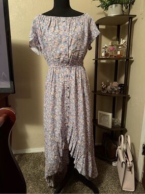 Floral Blue Off-Shoulder Midi Dress with Elastic Waist